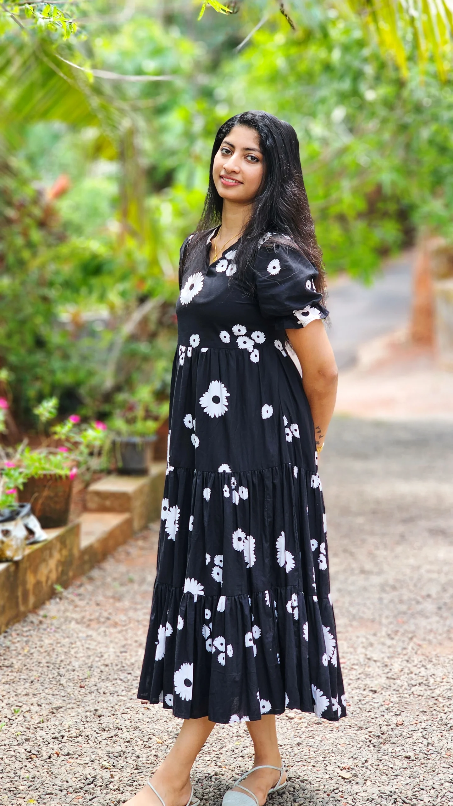 Black Floral Tiered Cotton Dress with Lining - Image 4
