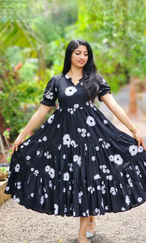 Black Floral Tiered Cotton Dress with Lining