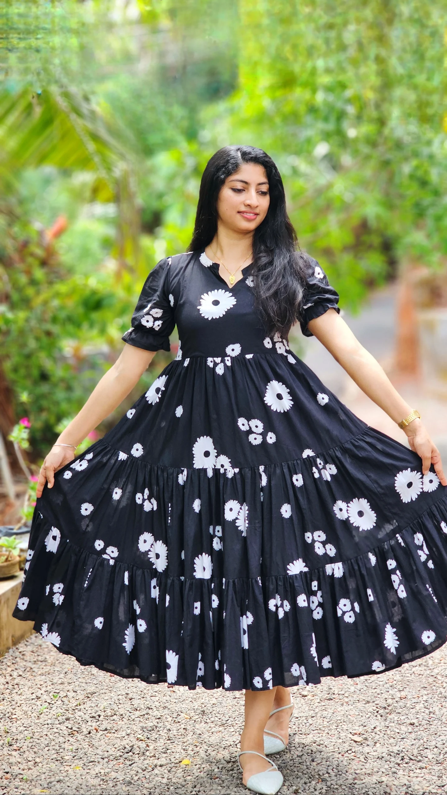 Black Floral Tiered Cotton Dress with Lining