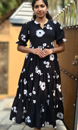 Black Floral Tiered Cotton Dress with Lining