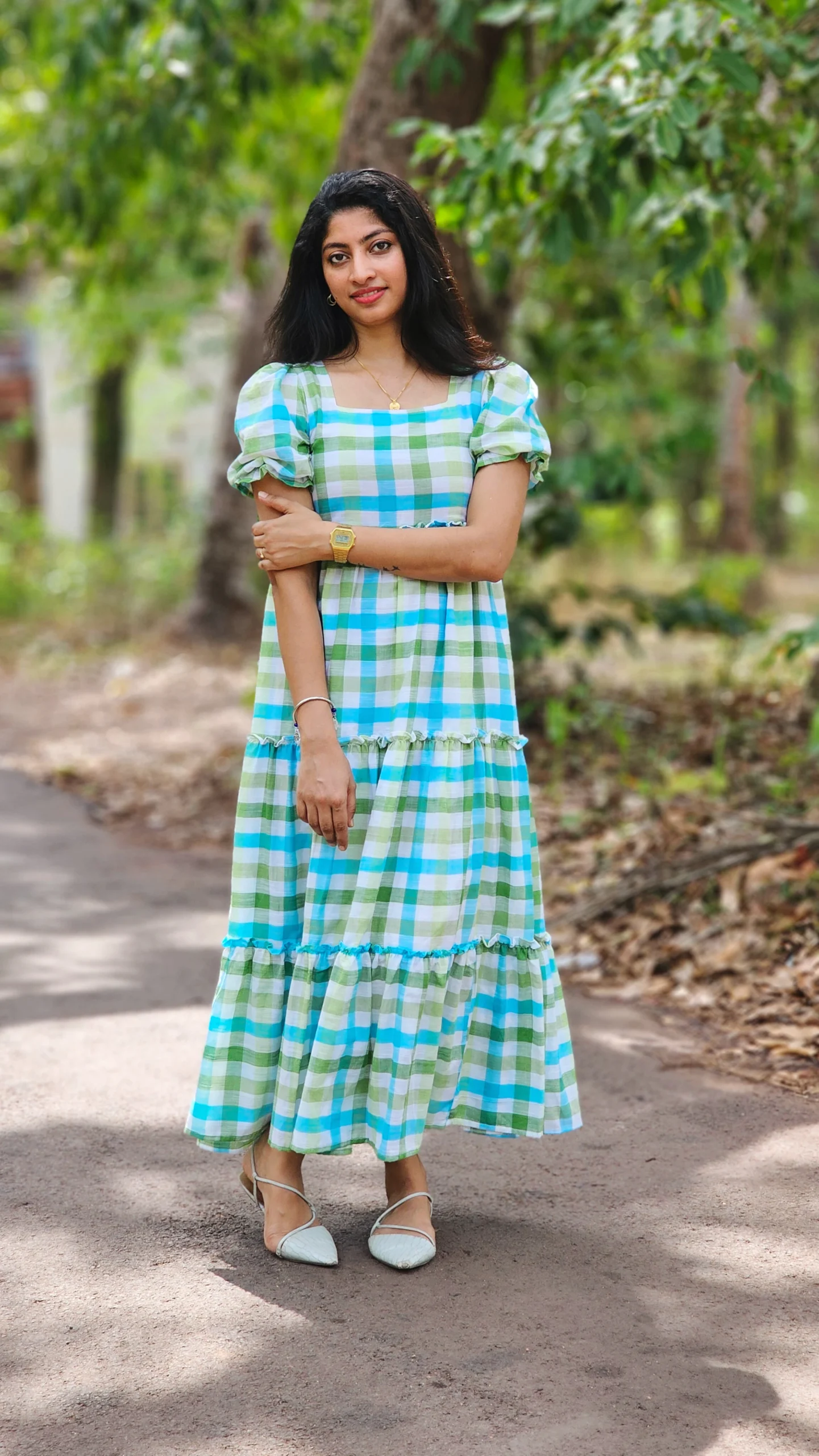 Blue and Green Gingham Checkered Tiered Dress with Lining - Image 3