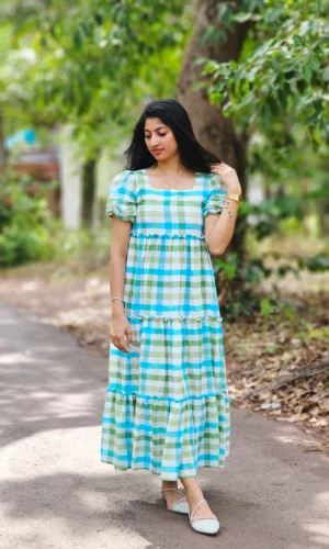 Blue and Green Gingham Checkered Tiered Dress with Lining