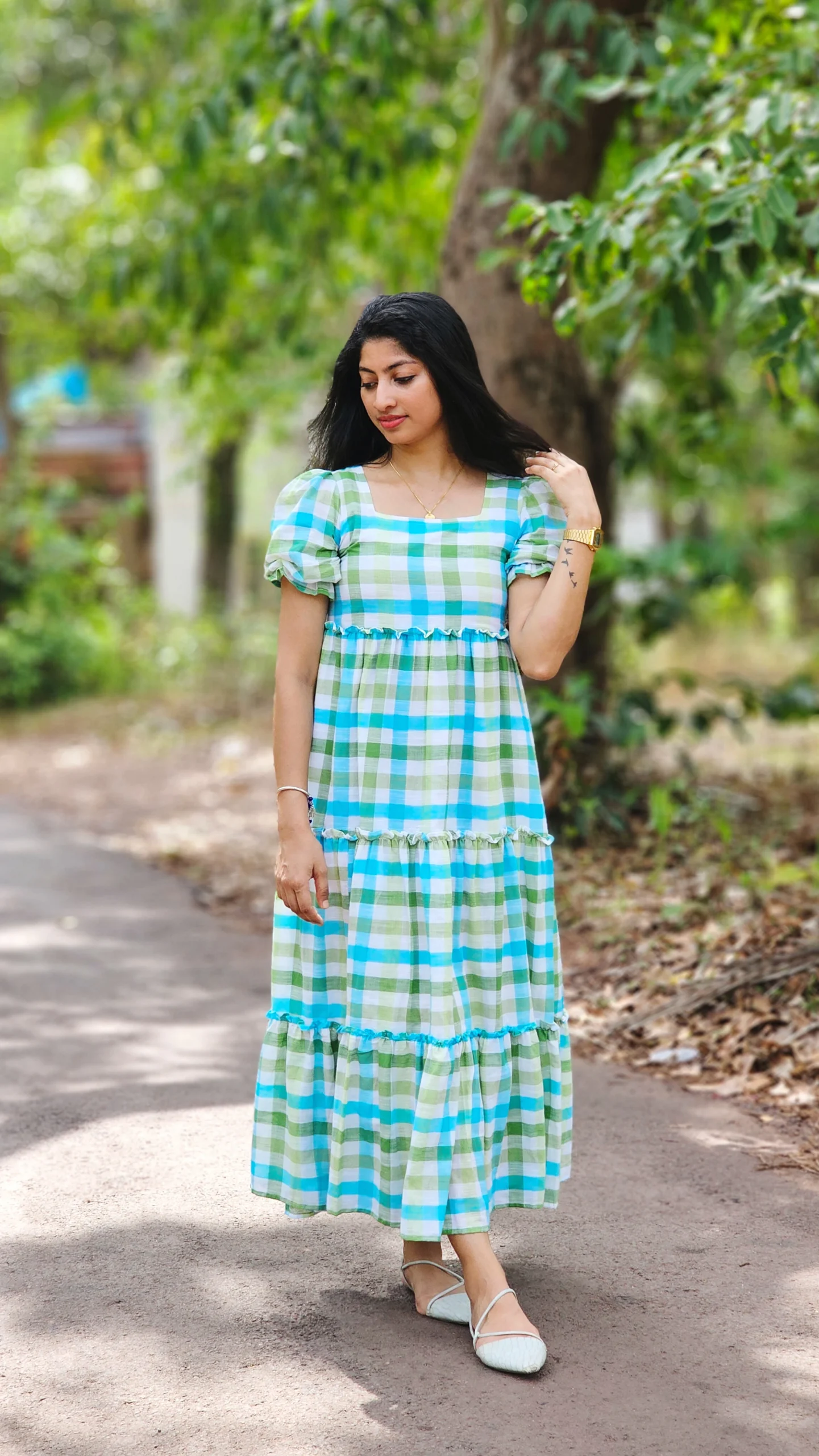 Blue and Green Gingham Checkered Tiered Dress with Lining