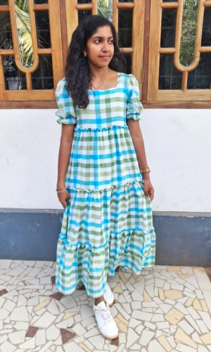 Blue and Green Gingham Checkered Tiered Dress with Lining