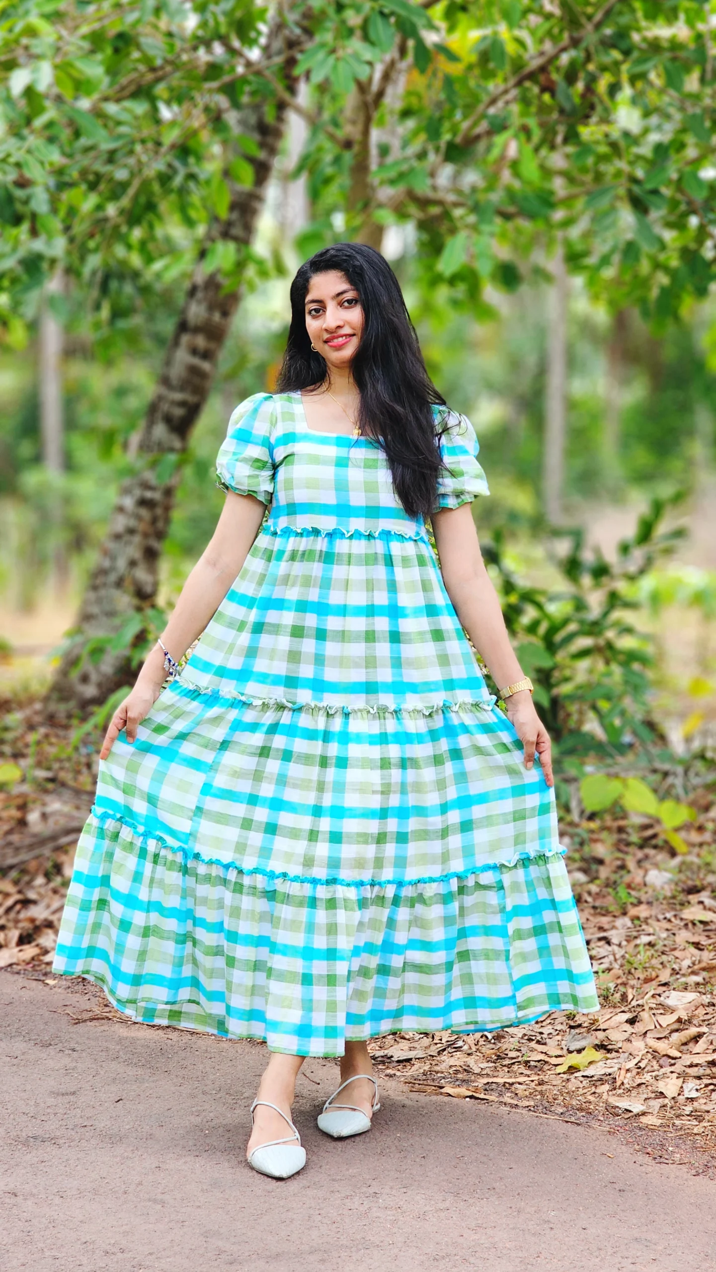 Blue and Green Gingham Checkered Tiered Dress with Lining - Image 4