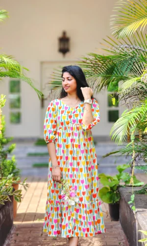 Multi-Color Tulip Print Cotton Tiered Dress with Lining