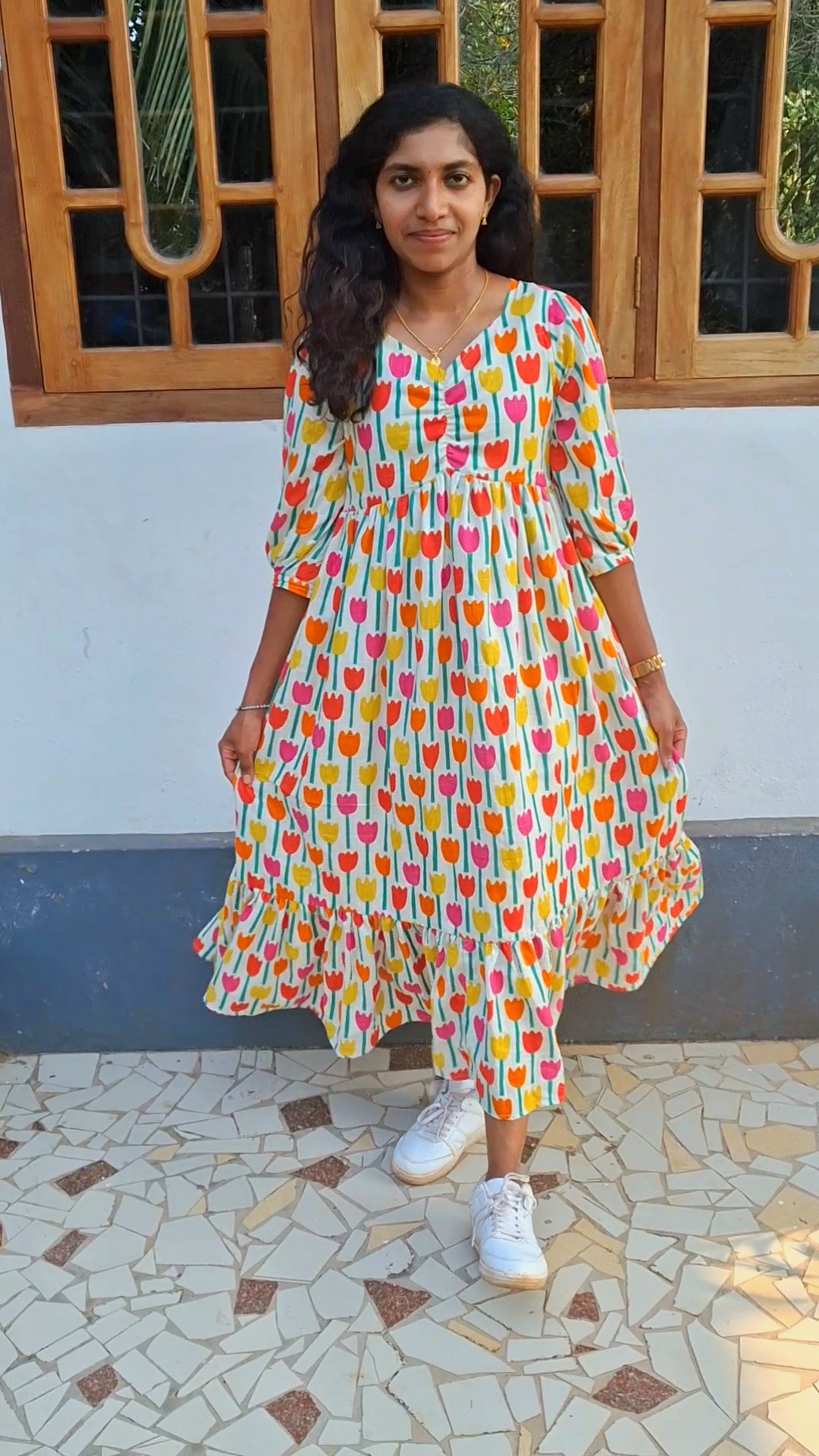 Multi-Color Tulip Print Cotton Tiered Dress with Lining - Image 4