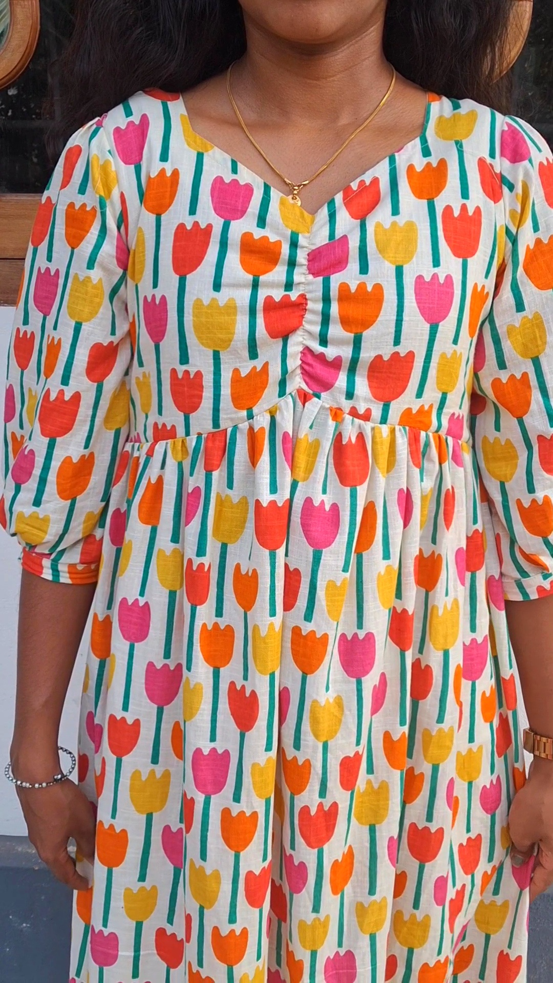 Multi-Color Tulip Print Cotton Tiered Dress with Lining - Image 5