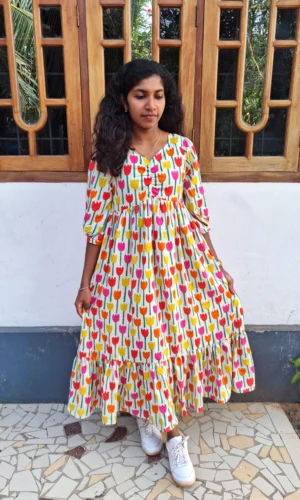 Multi-Color Tulip Print Cotton Tiered Dress with Lining