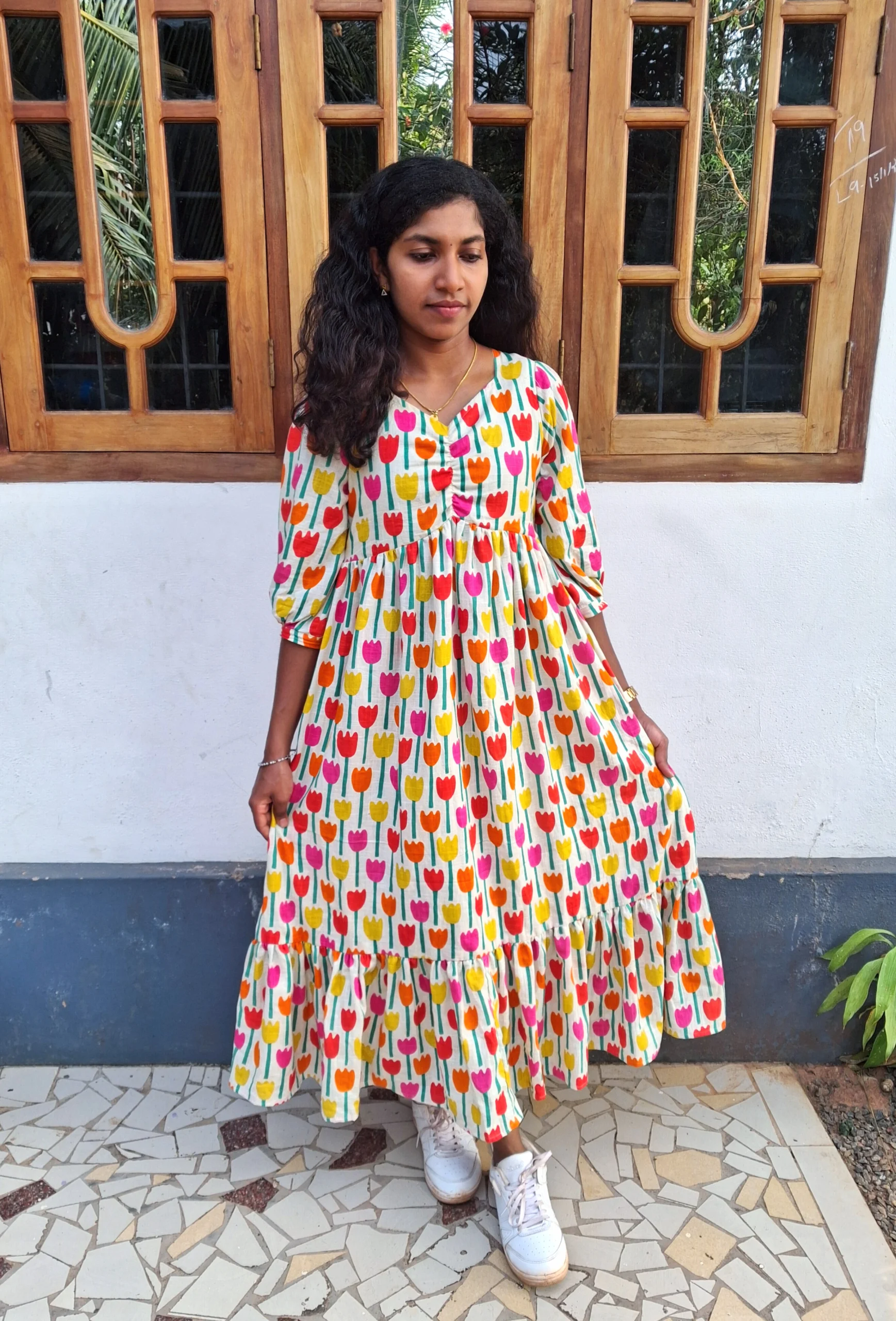 Multi-Color Tulip Print Cotton Tiered Dress with Lining