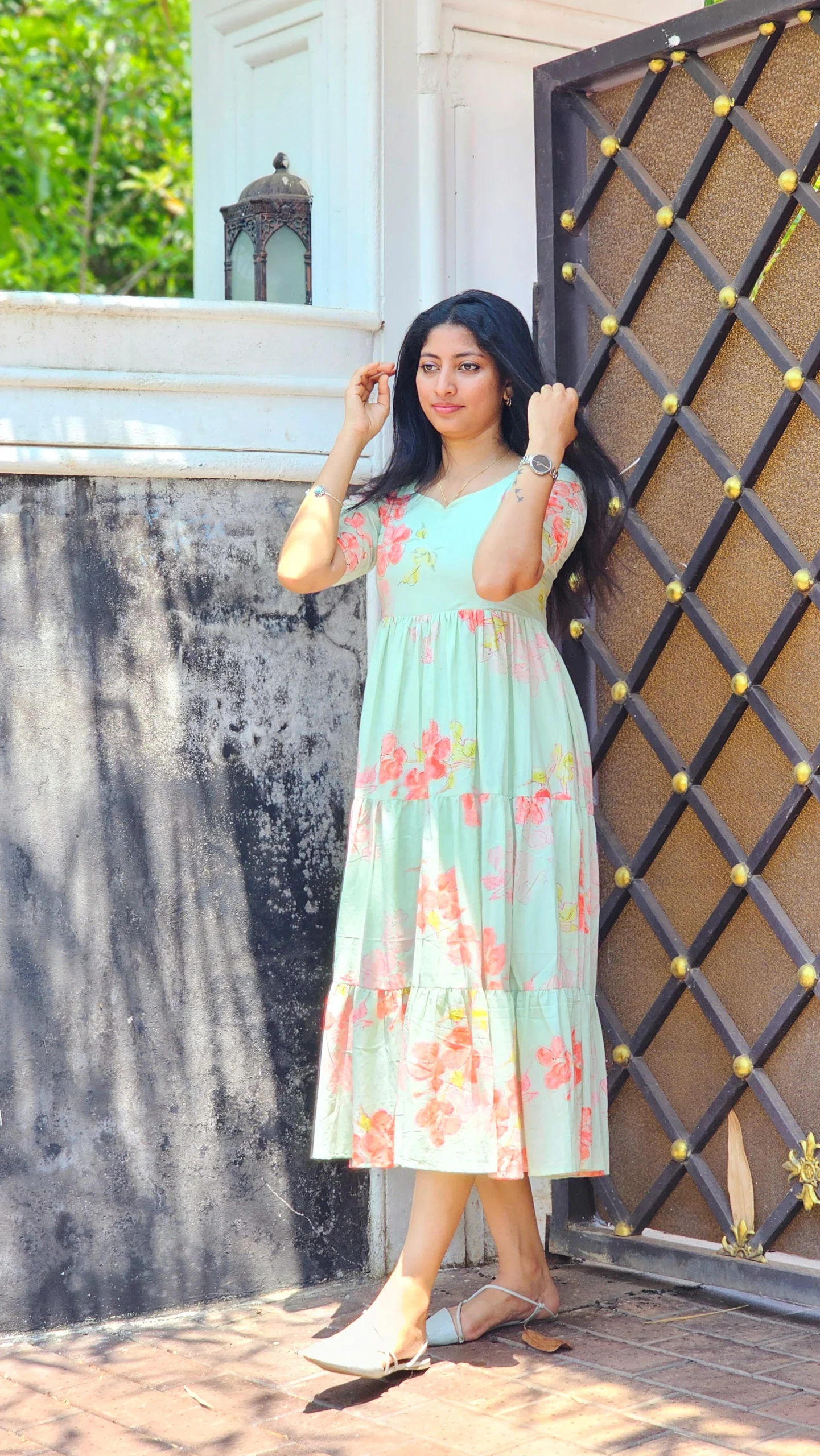 Pastel Green & Coral Peach Floral Tiered Summer Dress With Lining - Image 4