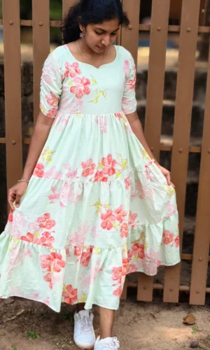 Pastel Green & Coral Peach Floral Tiered Summer Dress With Lining