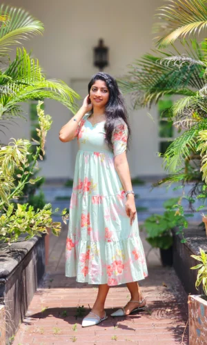 Pastel Green & Coral Peach Floral Tiered Summer Dress With Lining