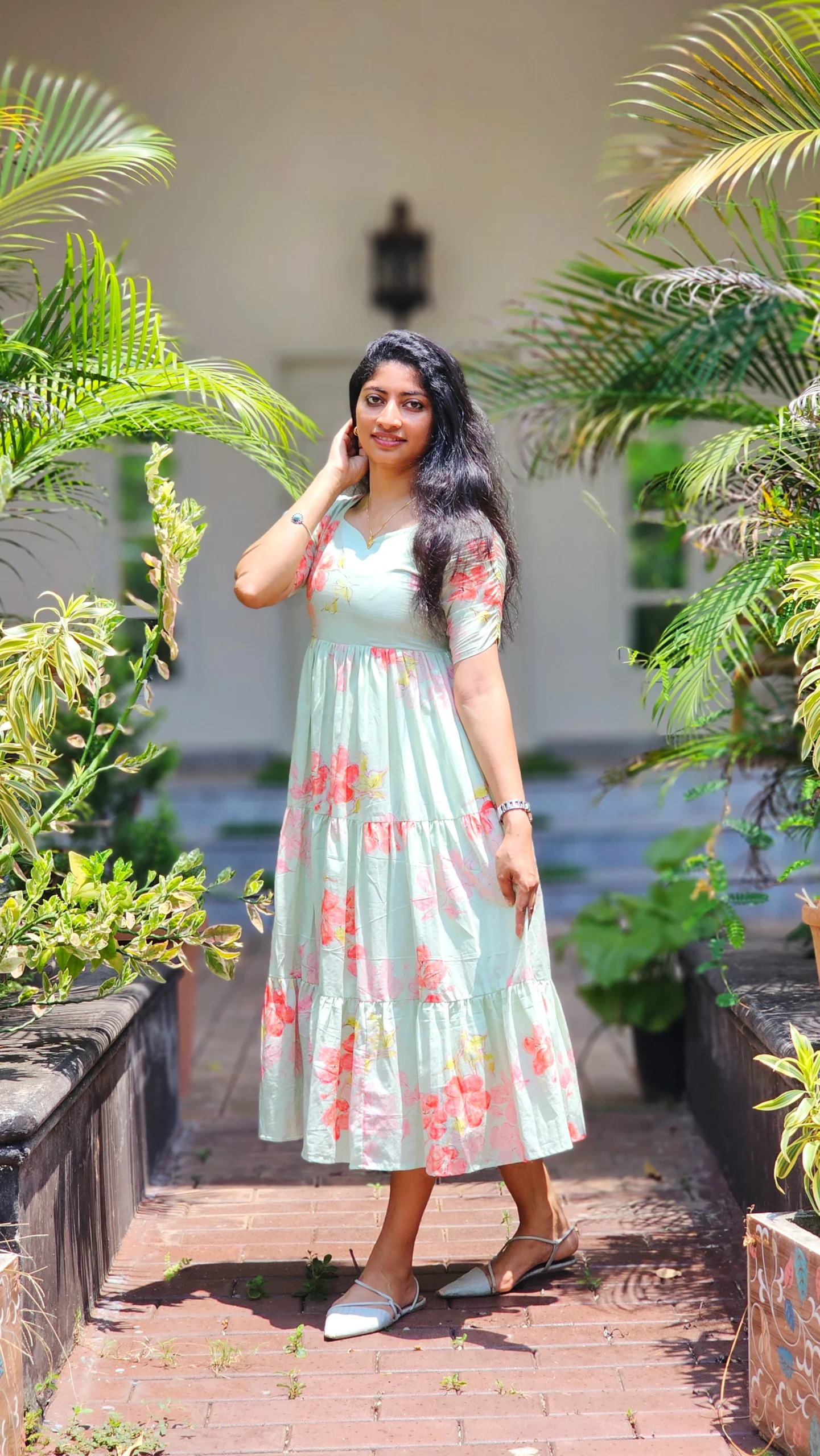 Pastel Green & Coral Peach Floral Tiered Summer Dress With Lining