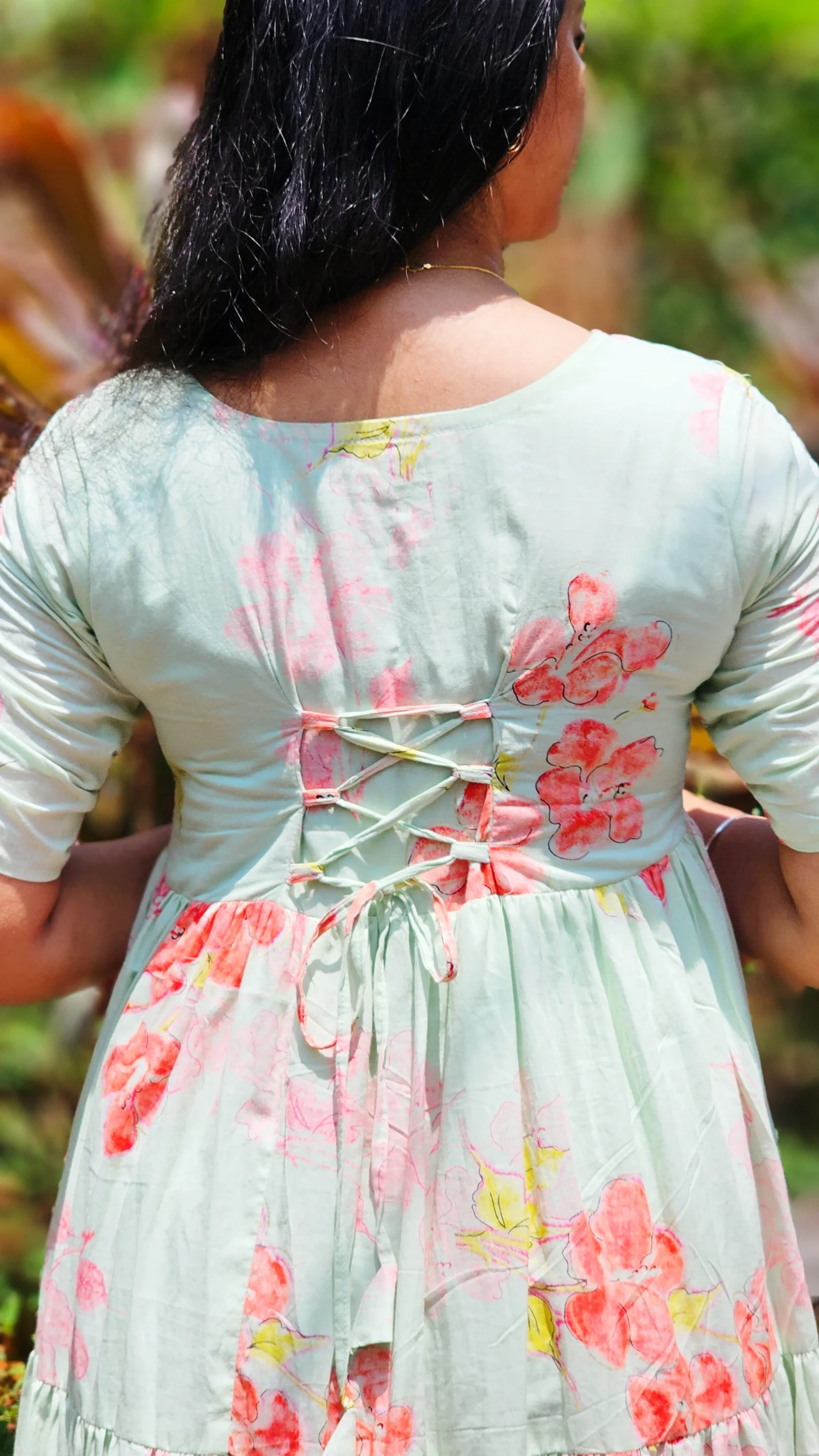 Pastel Green & Coral Peach Floral Tiered Summer Dress With Lining - Image 5