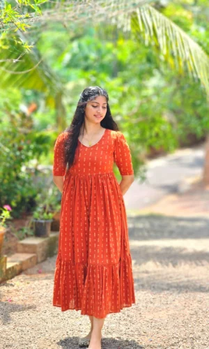 Rust Orange Cotton Printed Tiered Dress with Lining