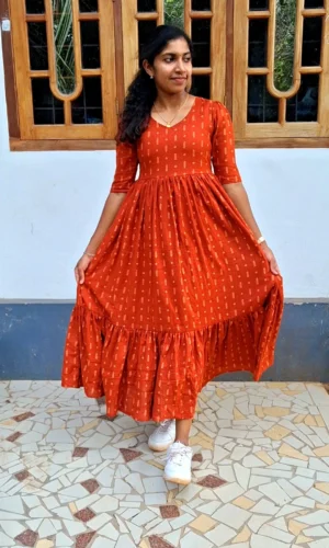 Rust Orange Cotton Printed Tiered Dress with Lining