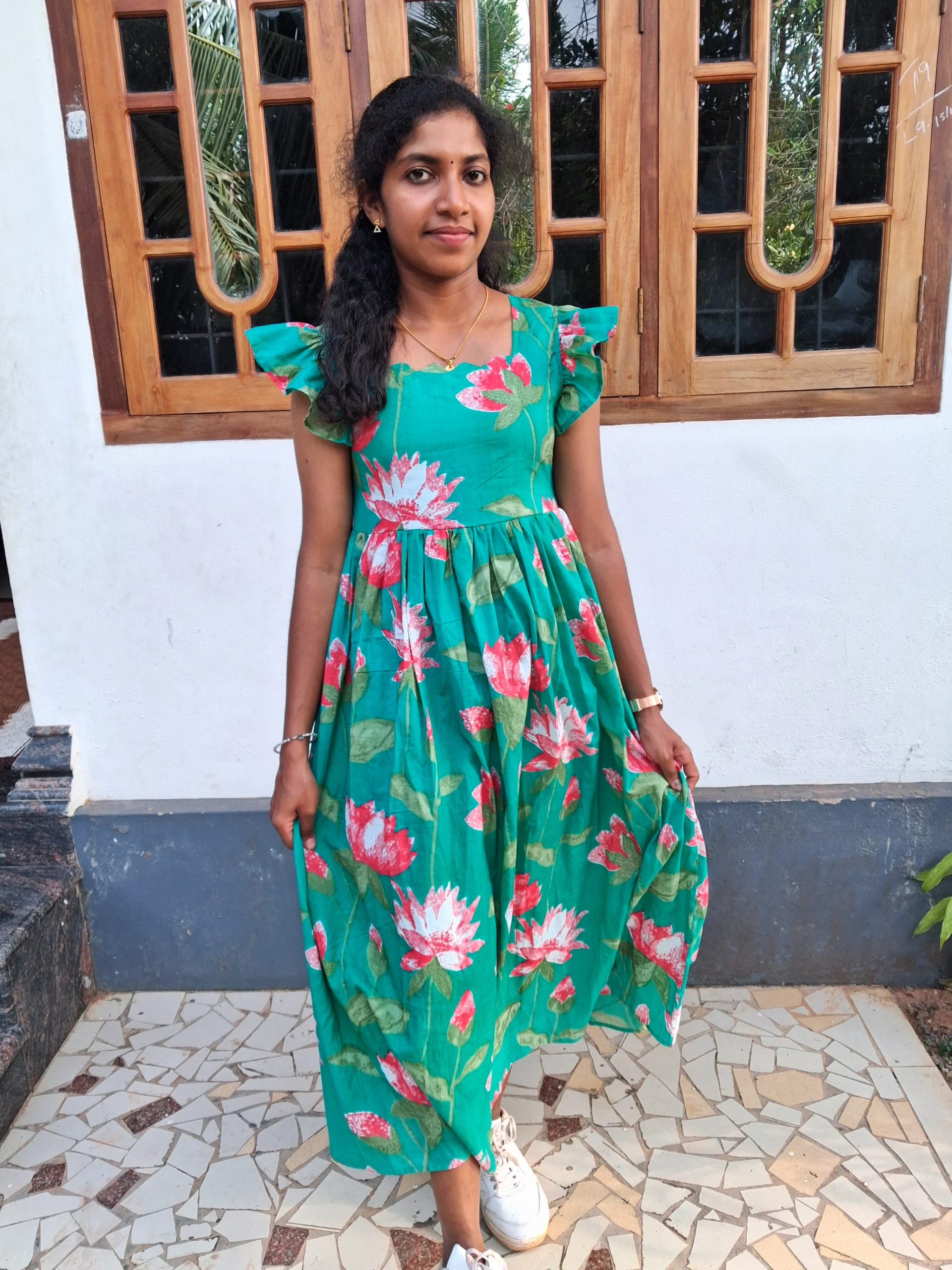 Teal Green Cotton Lotus Floral Print Dress with Lining - Image 3