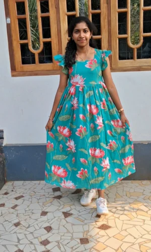 Teal Green Cotton Lotus Floral Print Dress with Lining