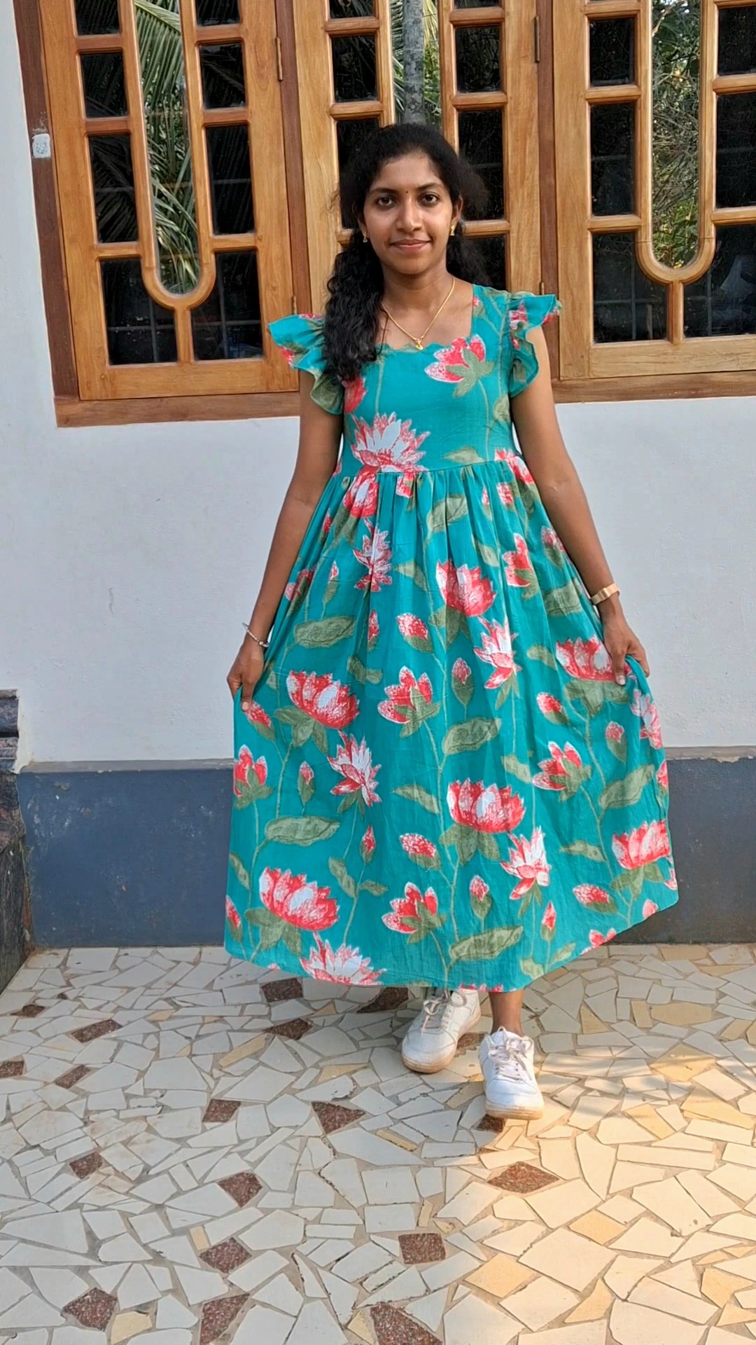 Teal Green Cotton Lotus Floral Print Dress with Lining