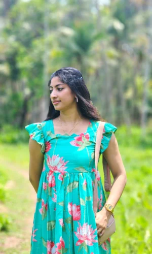 Teal Green Cotton Lotus Floral Print Dress with Lining