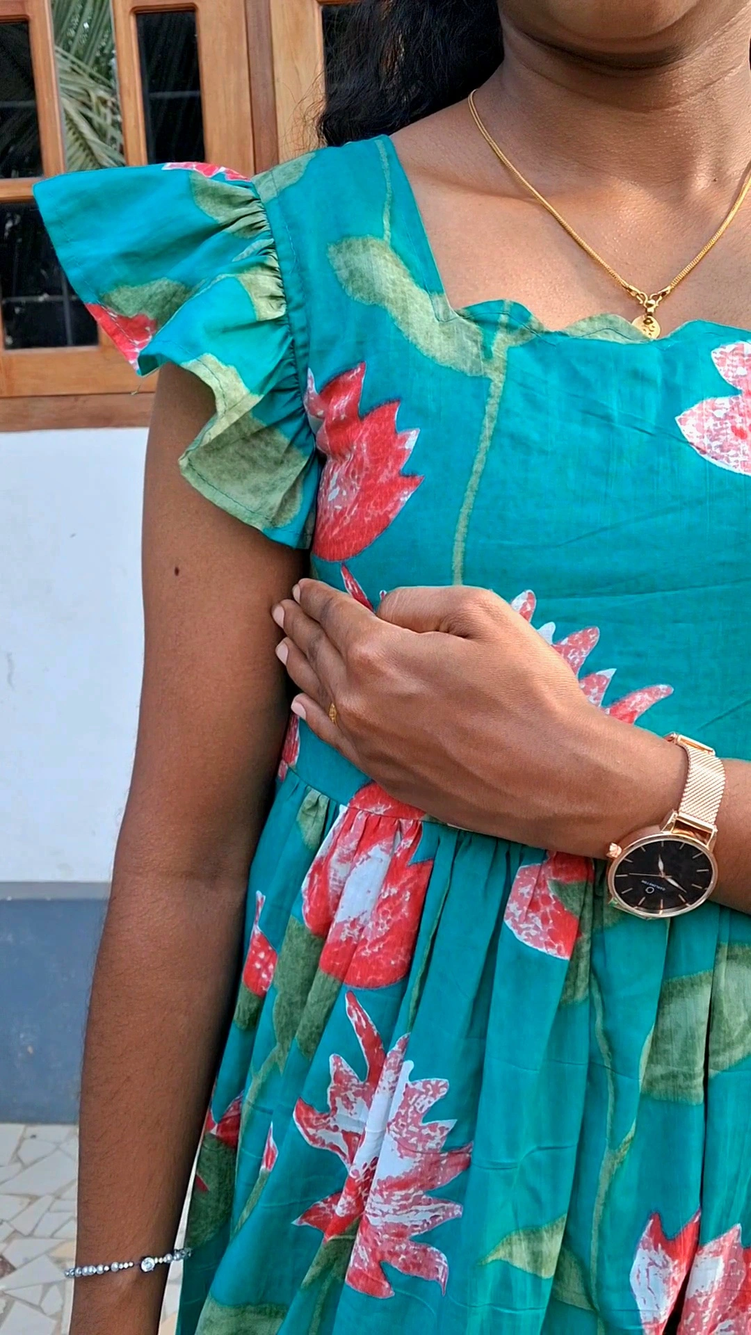 Teal Green Cotton Lotus Floral Print Dress with Lining - Image 4