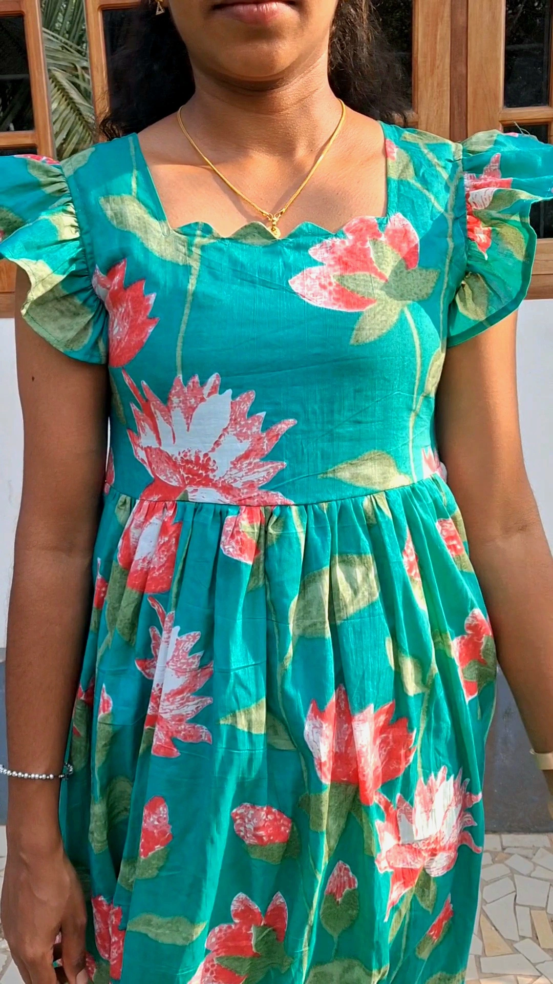 Teal Green Cotton Lotus Floral Print Dress with Lining - Image 5
