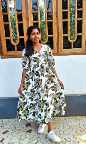 Tropical Leaf Print Tiered Cotton Dress - Olive & White with Lining