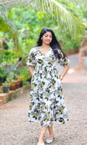 Tropical Leaf Print Tiered Cotton Dress - Olive & White with Lining