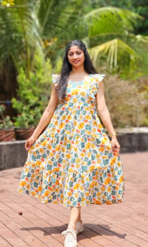 Yellow and Green Botanical Cotton Tiered Dress with Lining