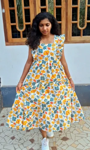 Yellow and Green Botanical Cotton Tiered Dress with Lining