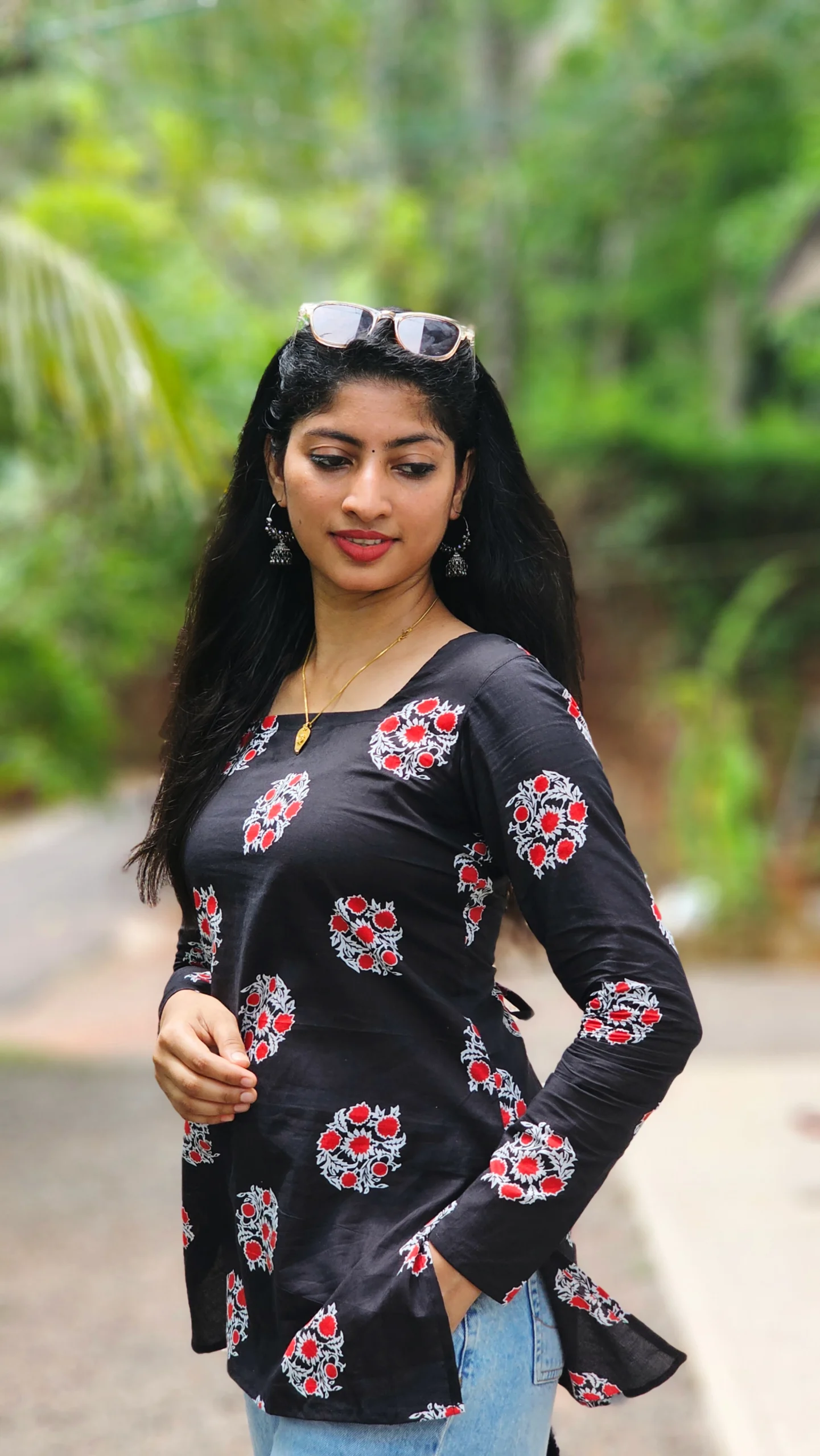 Black Cotton Red Floral Print Short Kurti - Image 6