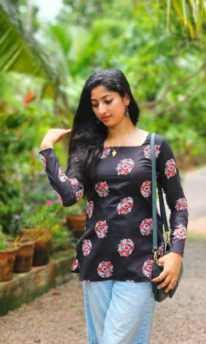 Black Cotton Red Floral Print Short Kurti