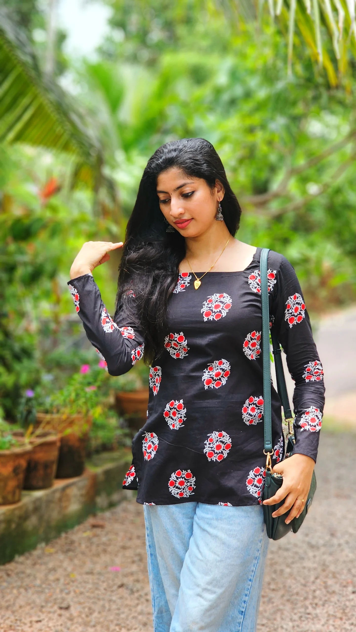 Black Cotton Red Floral Print Short Kurti