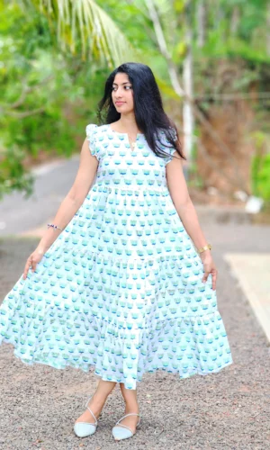 Lotus Flower Block Print Cotton Dress