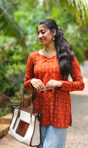 Rust Orange Cotton Printed Short Kurti