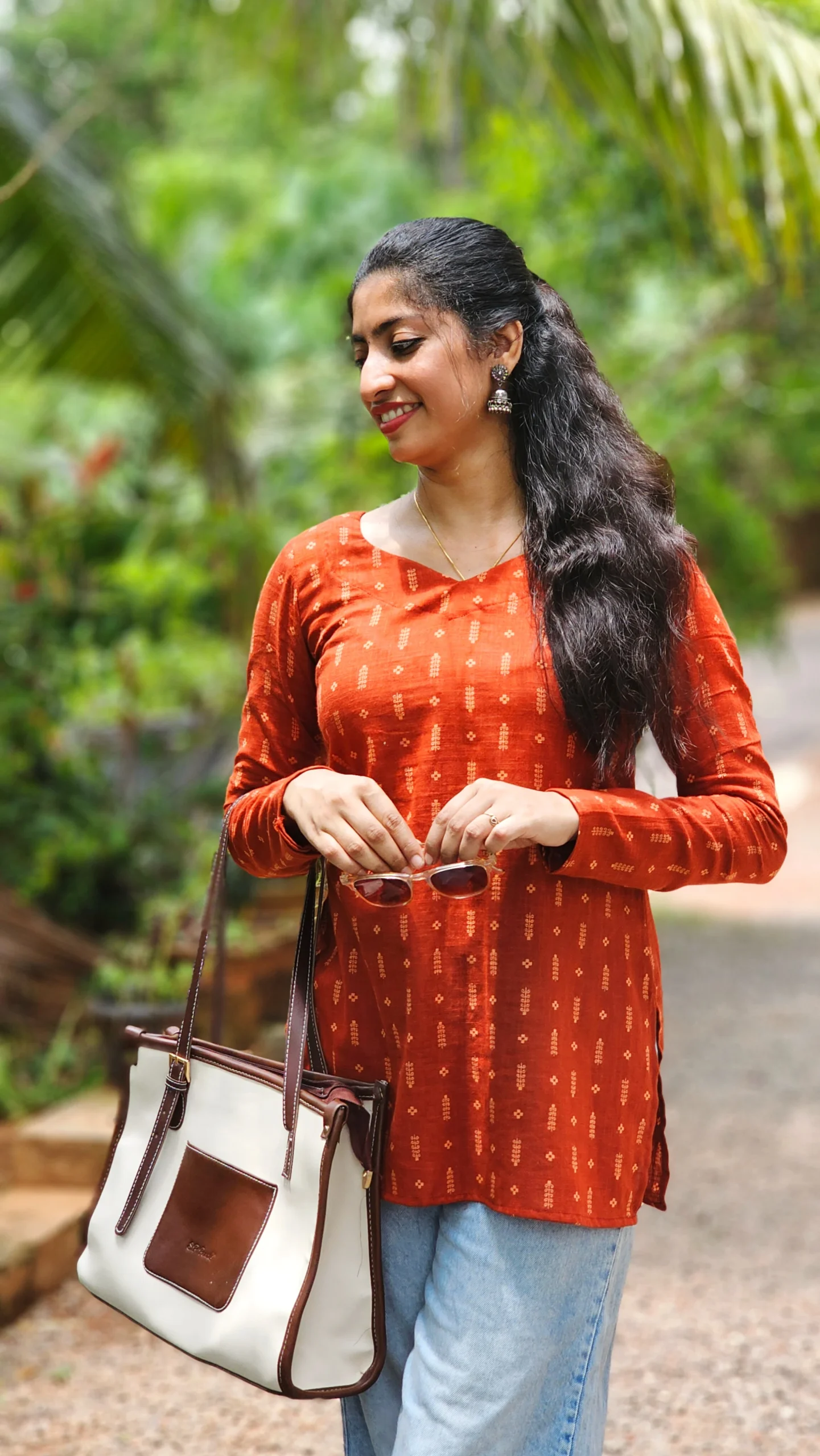 Rust Orange Cotton Printed Short Kurti