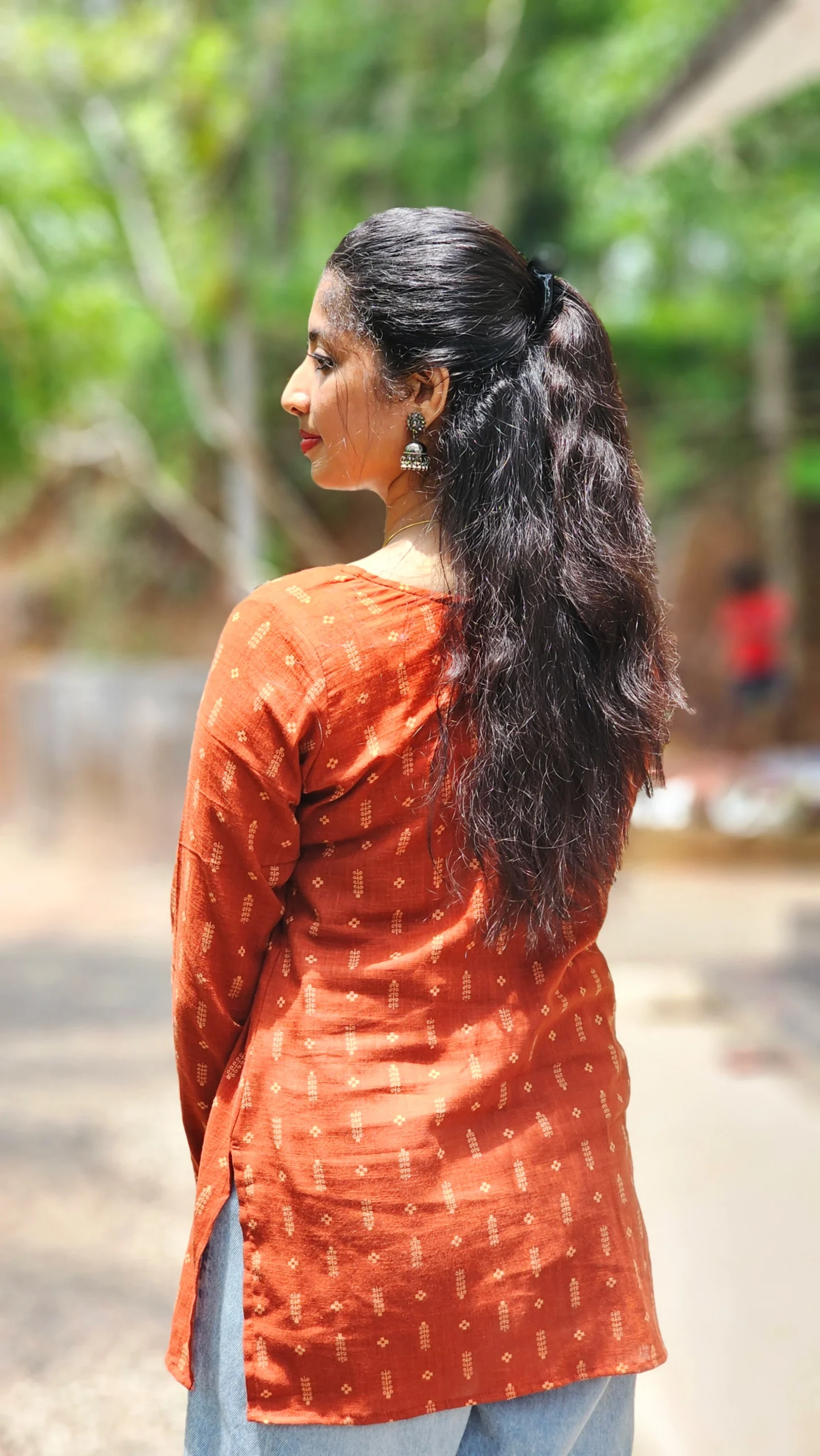 Rust Orange Cotton Printed Short Kurti - Image 3