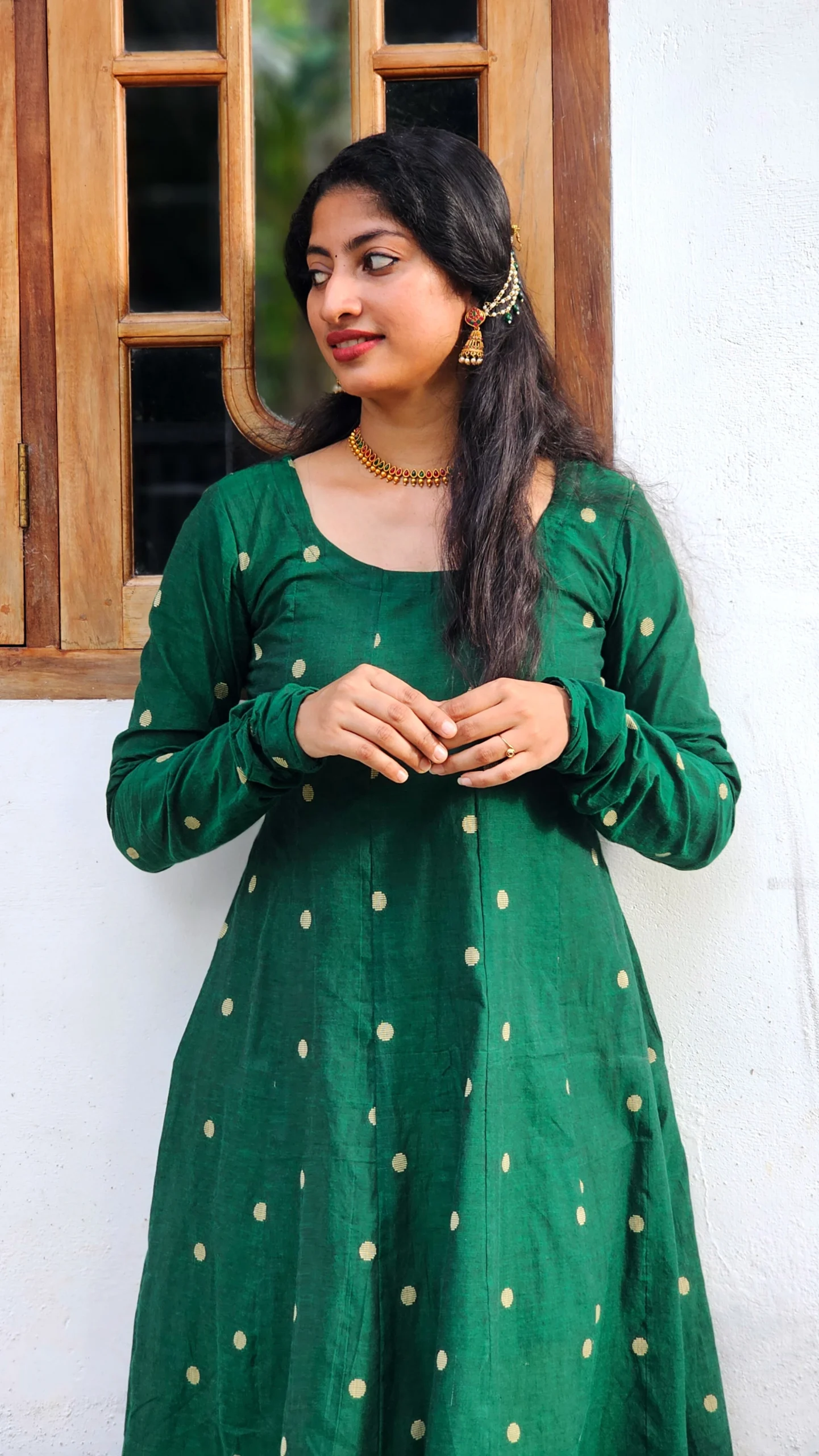 Emerald Green South Cotton Dobby Butta Panel Cut Kurti - Image 3