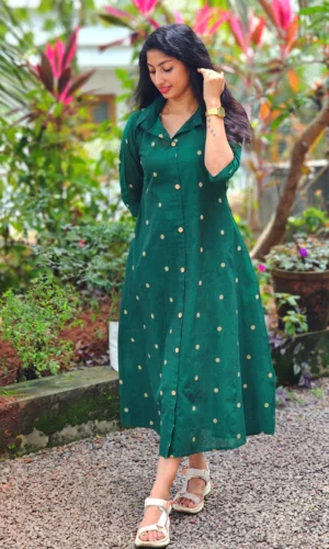 Emerald-Green-South-Cotton-Dobby-Butta-Panel-Shirt-Dress