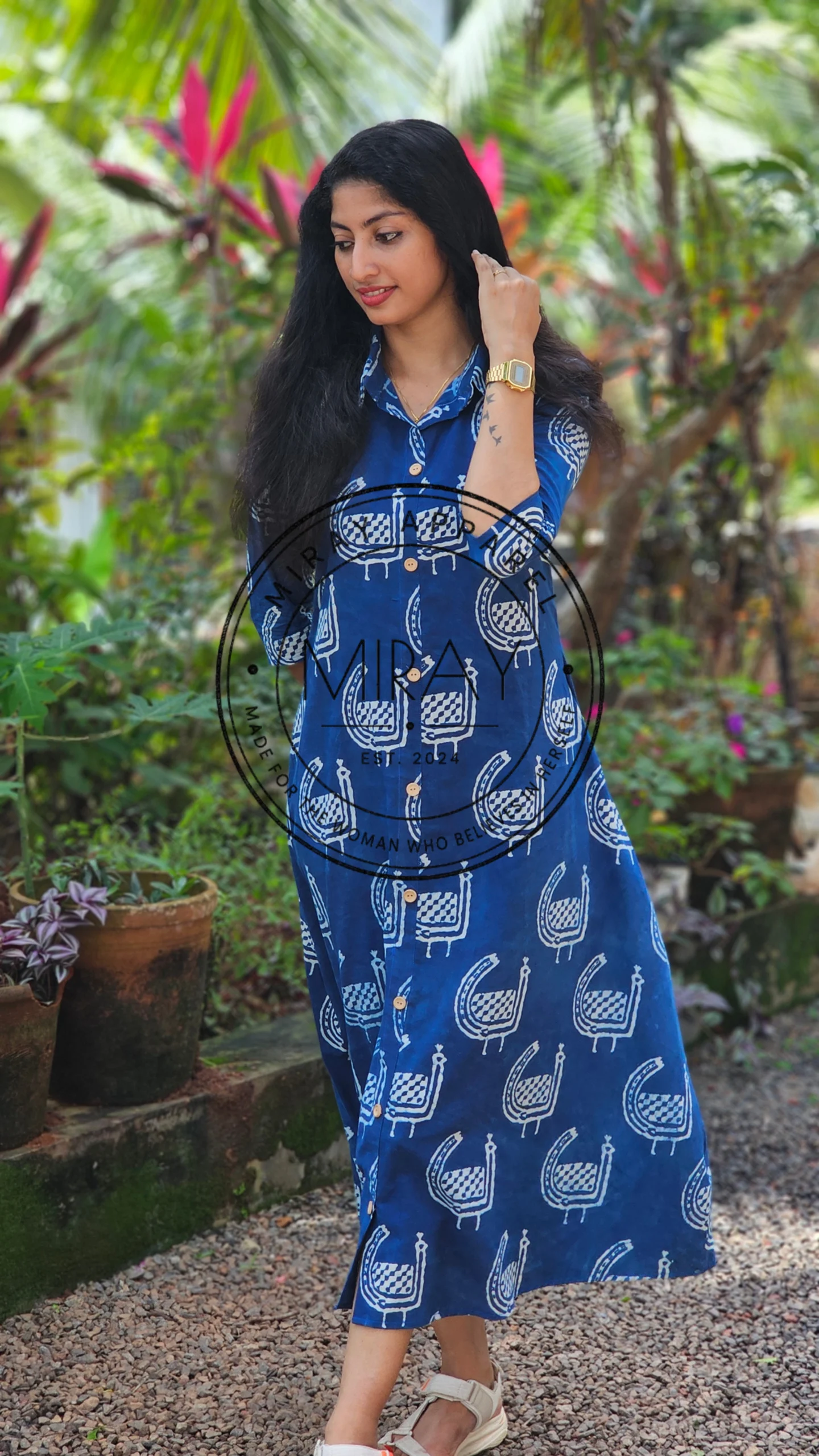 Indigo Handblock Printed Cotton Shirt Dress - Image 3