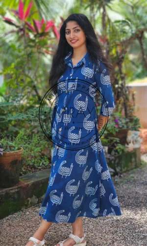 Indigo Handblock Printed Cotton Shirt Dress