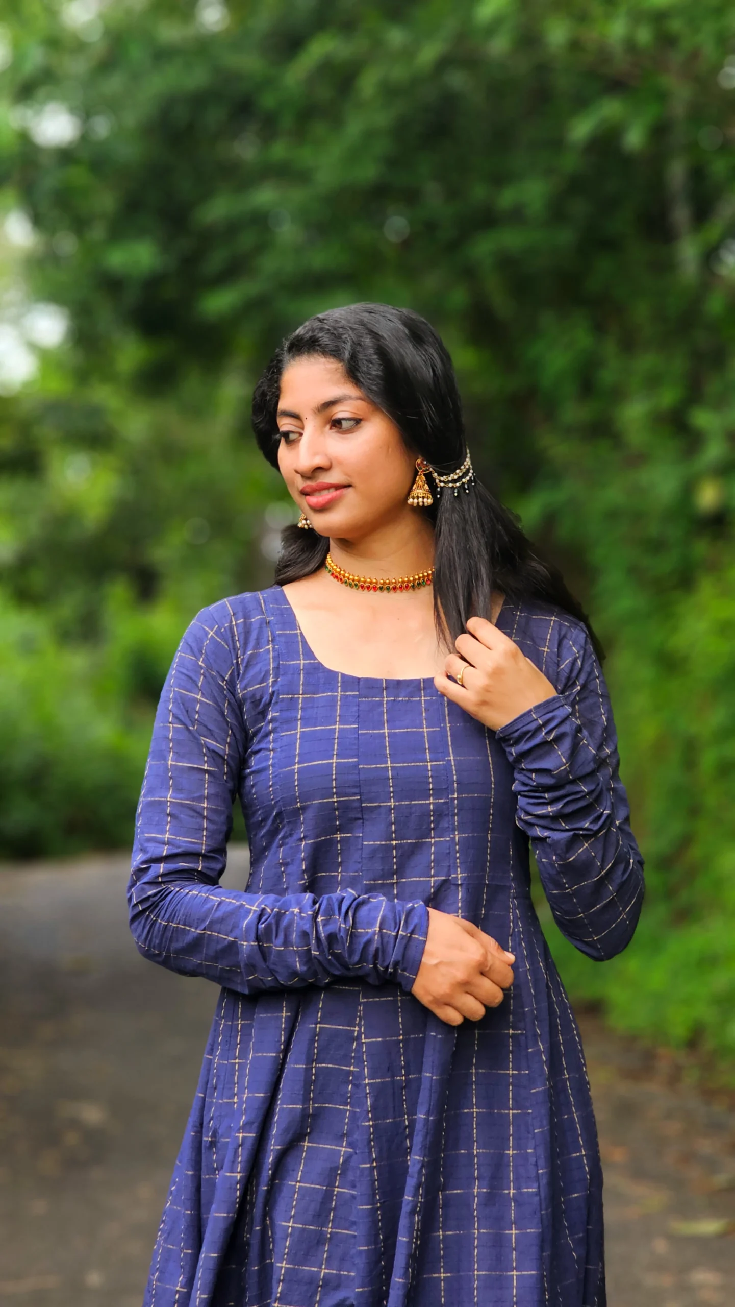 Navy Blue South Cotton Zari Checks Panel Cut Kurti - Image 2