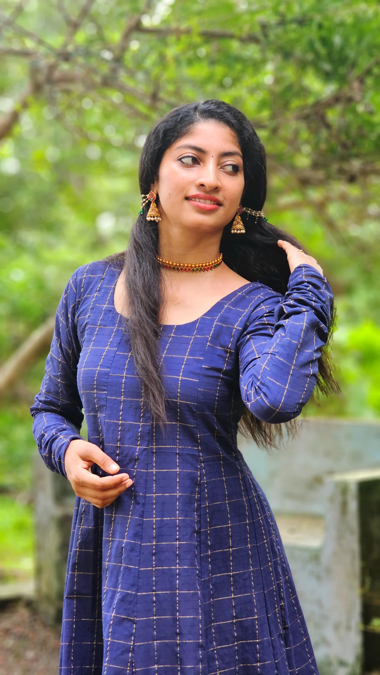Navy Blue South Cotton Zari Checks Panel Cut Kurti - Image 3