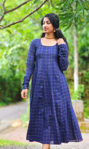 Navy Blue South Cotton Zari Checks Panel Cut Kurti