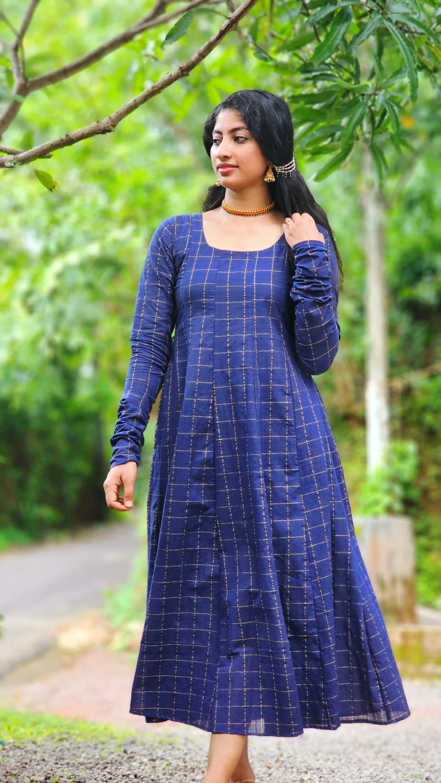 Navy Blue South Cotton Zari Checks Panel Cut Kurti