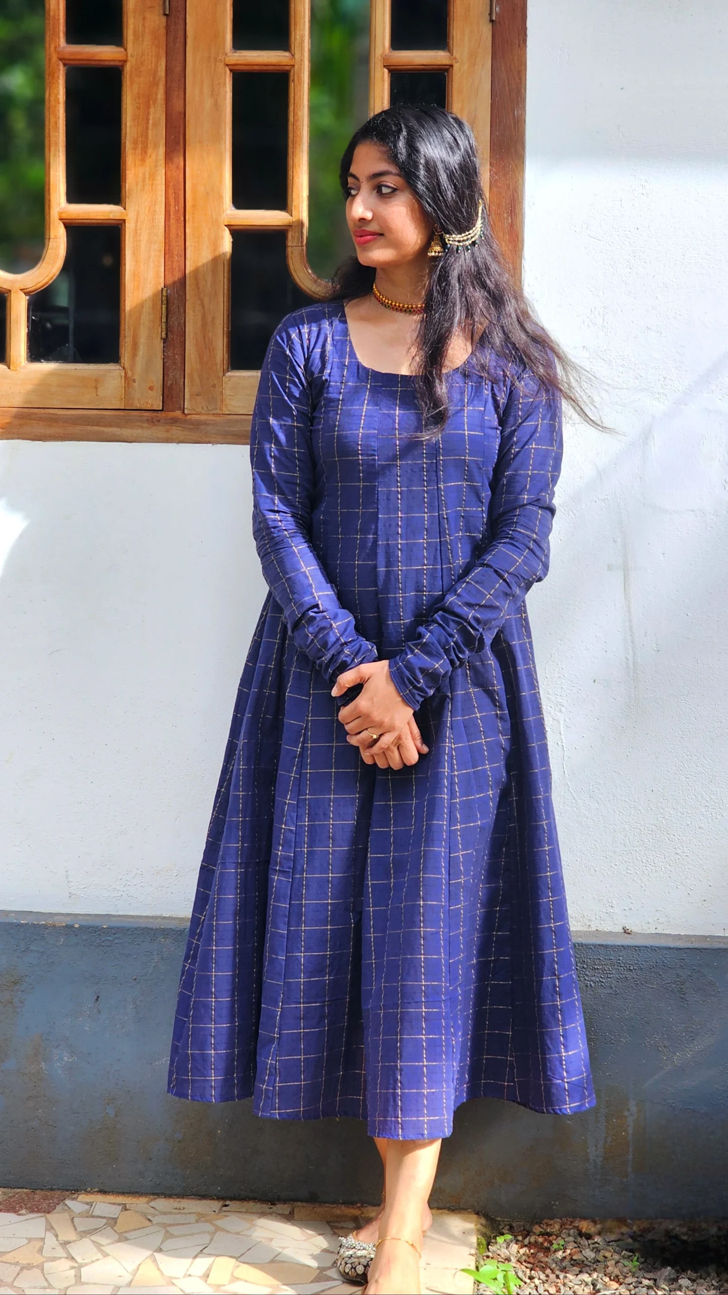 Navy Blue South Cotton Zari Checks Panel Cut Kurti - Image 4