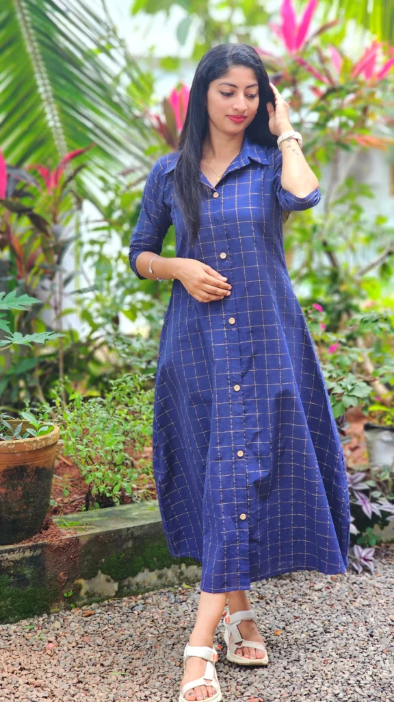 Navy Blue South Cotton Zari Checks Shirt Dress