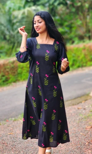 Black Pink Blossom Cotton Kurti