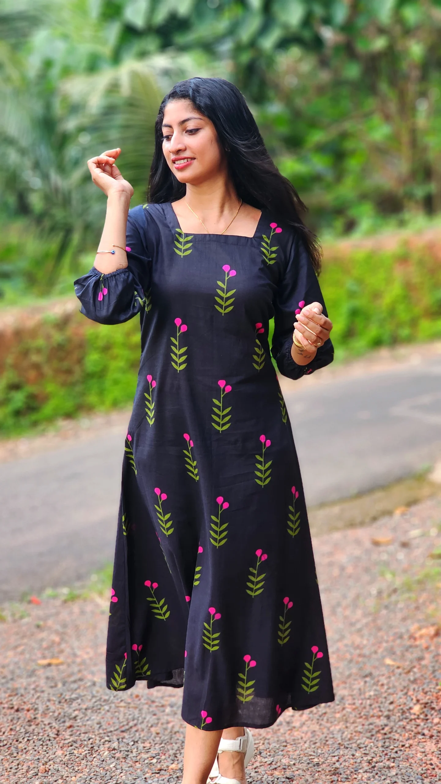 Black Pink Blossom Cotton Kurti